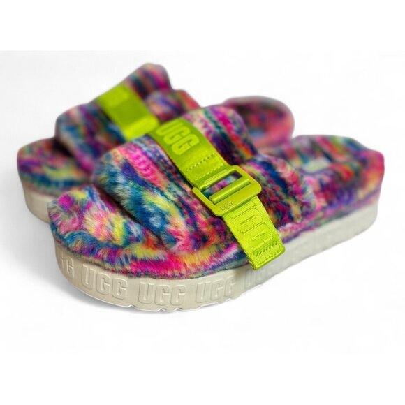 UGG Women's Fluffita Pixelate Slippers Size: 8 Tie-Dye Neon Platform Slide Fuzzy - Picture 2 of 6